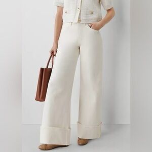 ANN TAYLOR The Palazzo Pants Ecru High Waisted Wide Leg 8P Petite 32x27